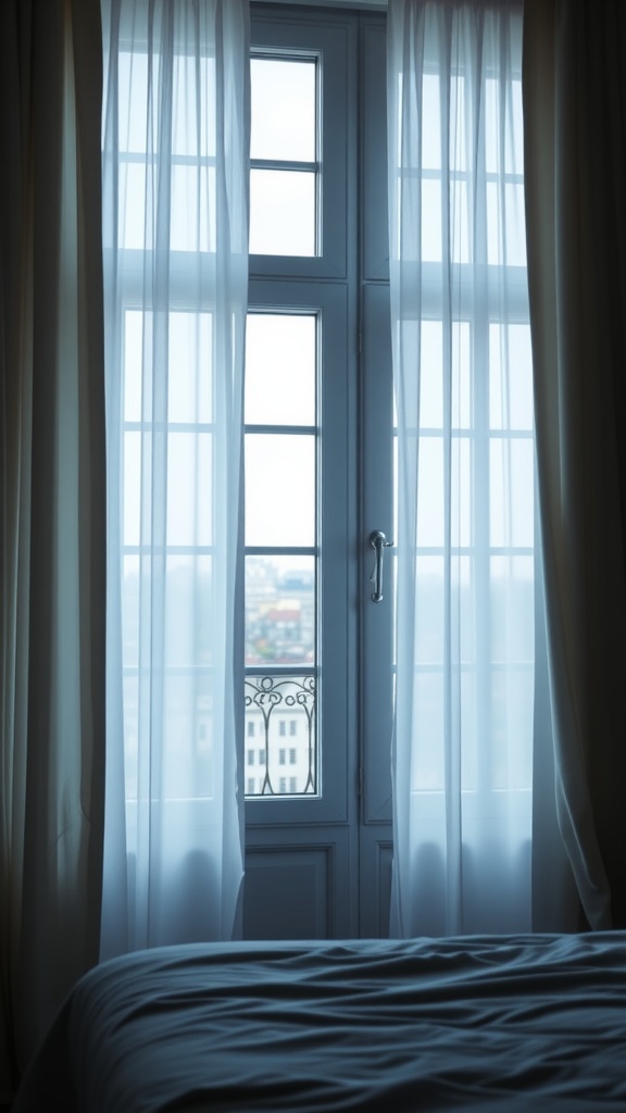A serene bedroom window with sheer curtains and a cozy bed.