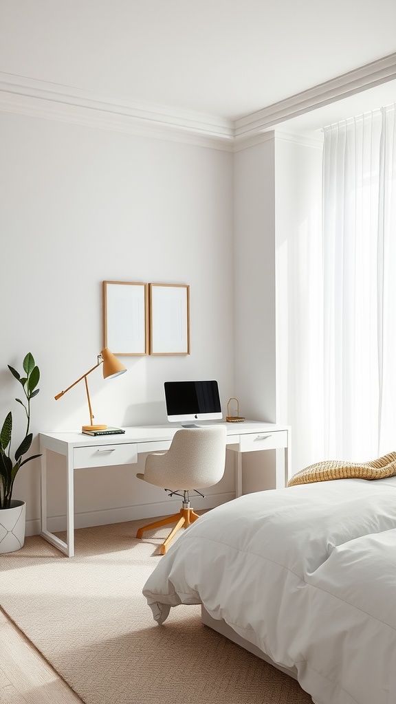 Stylish workspace in a white and beige bedroom with a desk, computer, and indoor plants
