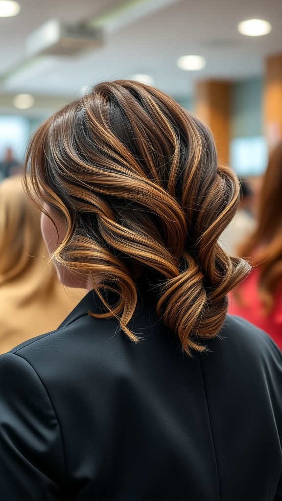 A woman with subtle beach waves hairstyle, wearing a black blazer, viewed from the back in a professional setting.