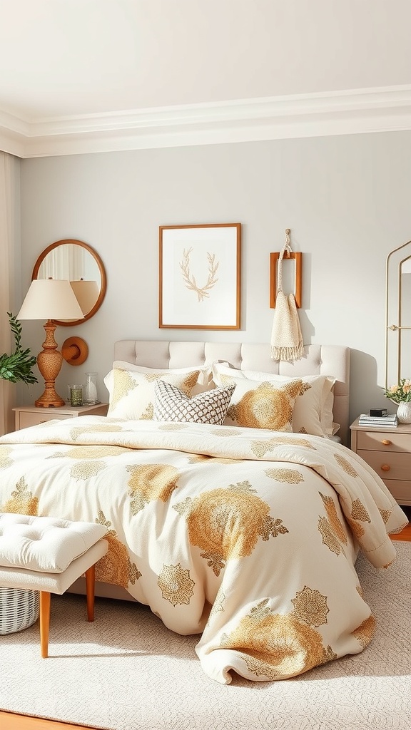 A cozy bedroom featuring beige and brown patterned bedding, light walls, and wooden accents.