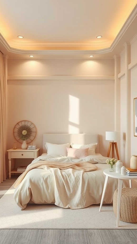 A soft pastel bedroom featuring beige undertones, a cozy bed with layered linens, and warm wooden accents.
