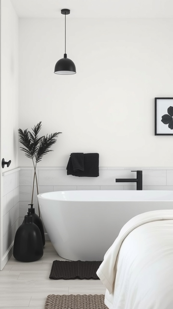 A minimalist bathroom featuring a white bathtub, black accents, and a plant.