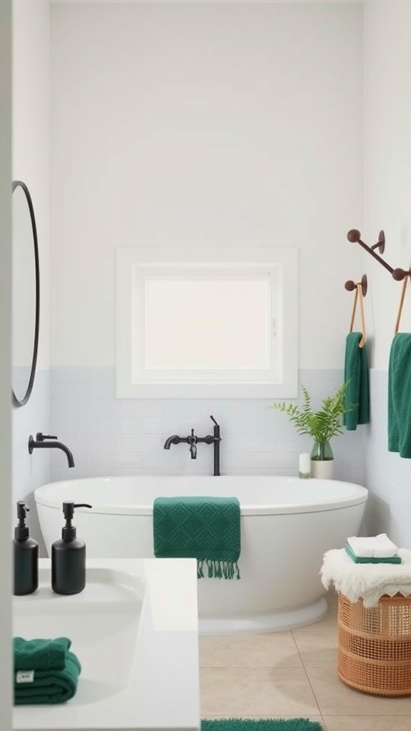 A modern bathroom featuring dark green accessories, including towels and a bath mat, against white walls.