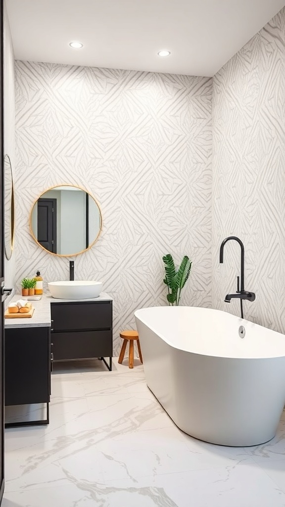 Modern bathroom with subtle geometric wallpaper, freestanding tub, and plants