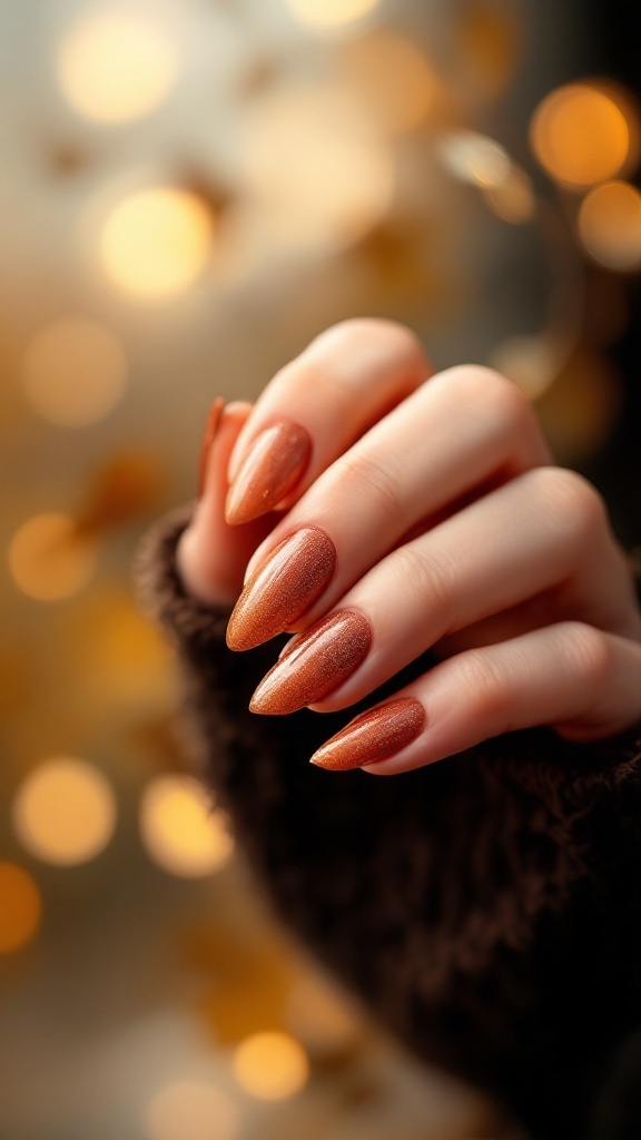 Nails with subtle glitter tips on a nude base, showcasing a stylish and cozy aesthetic.