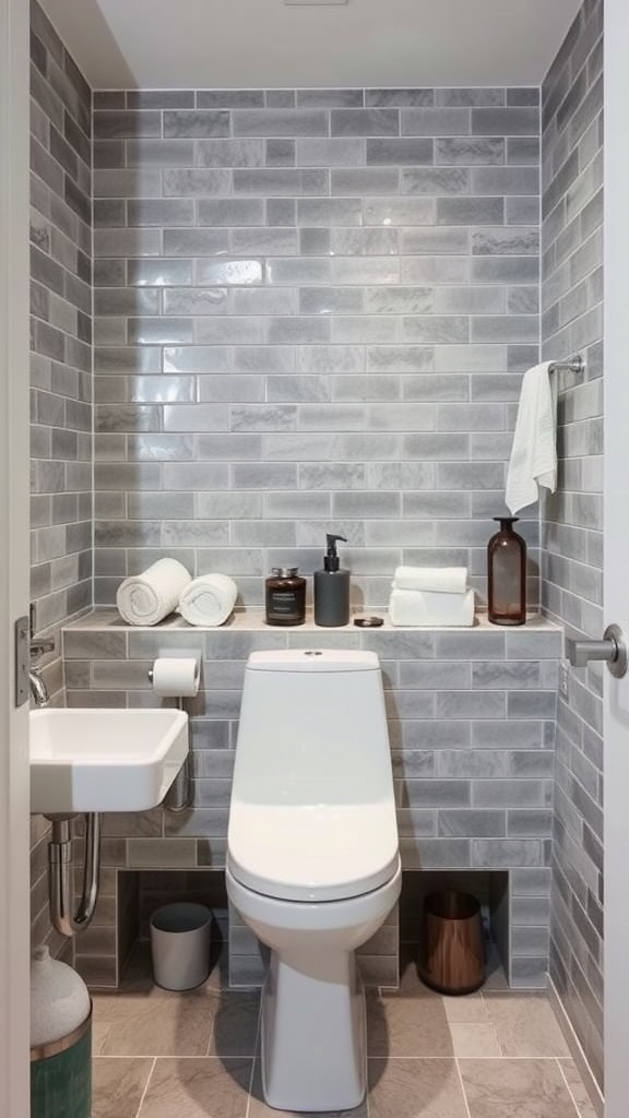 Small bathroom with subtle gray tile walls and modern white fixtures