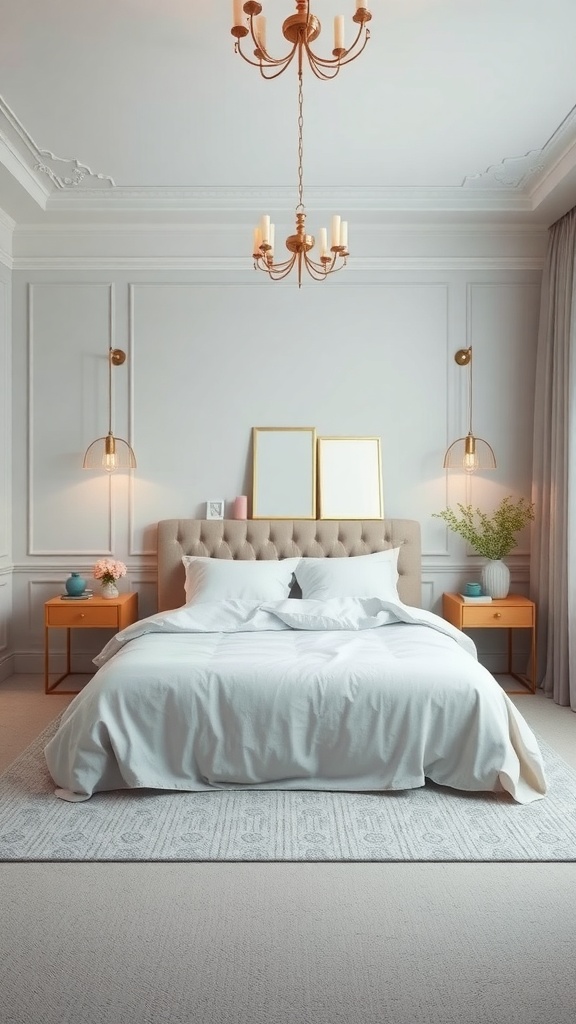A soft pastel bedroom featuring subtle gray tones with a cozy bed, elegant lighting, and stylish decor.