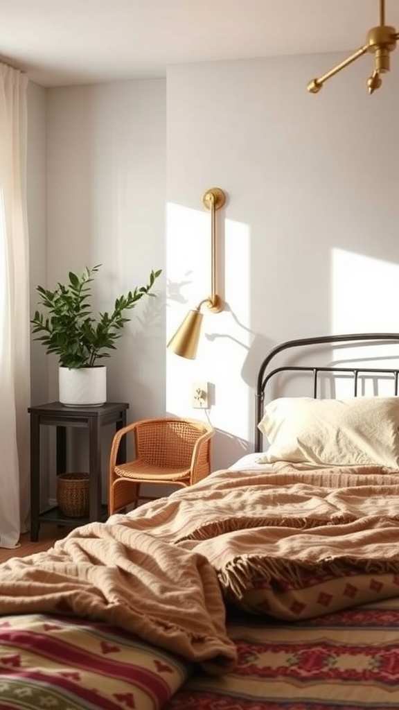 A cozy boho bedroom featuring a black metal bed frame, warm textiles, and gold lighting accents.