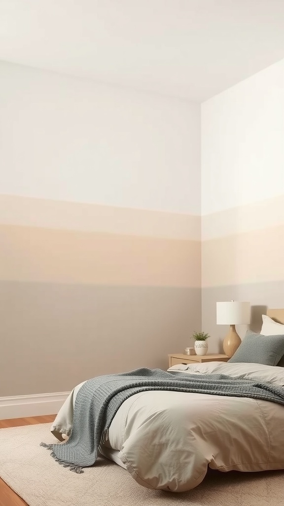 A bedroom featuring a subtle ombre effect on the walls with soft beige and gray shades
