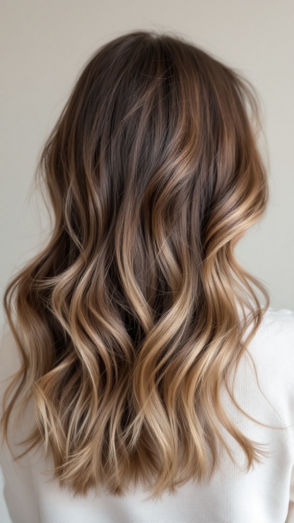 Back view of hair with medium brown color and subtle highlights transitioning to lighter ends