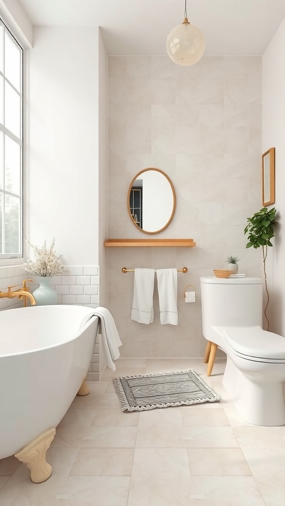 A bathroom featuring pastel tiles, a freestanding bathtub, and wooden accents.