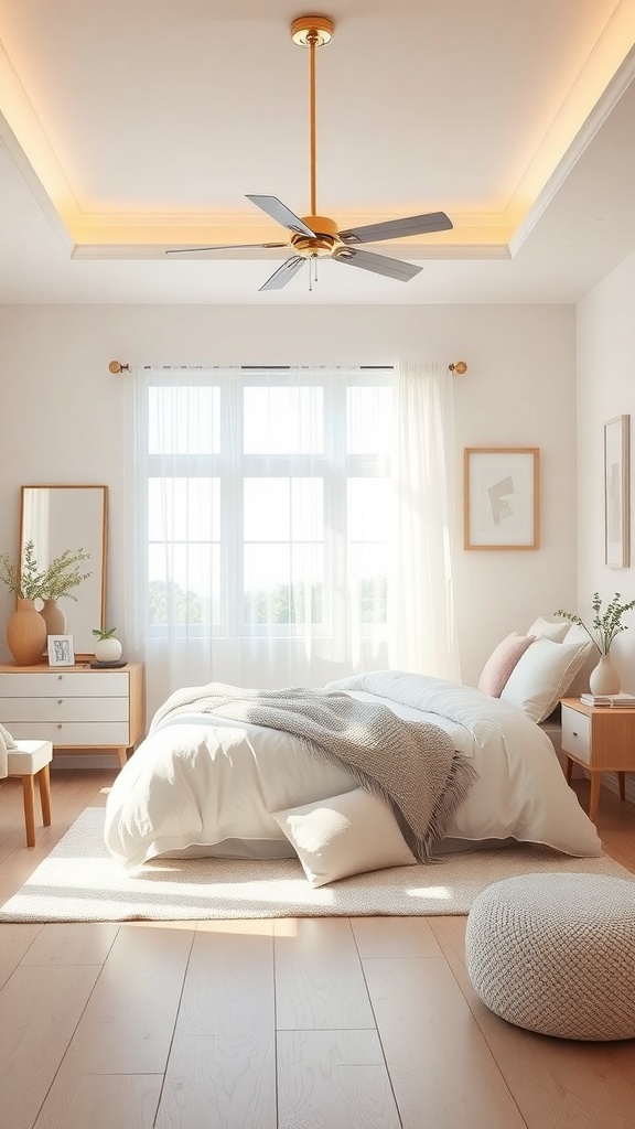 A neutral bedroom with pastel colors, featuring a cozy bed, natural light, and soft decor.