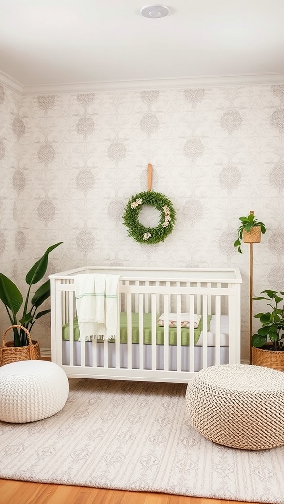 A cozy nursery showing subtle patterned wallpaper, a white crib with a green blanket, and natural elements like plants and woven decor.