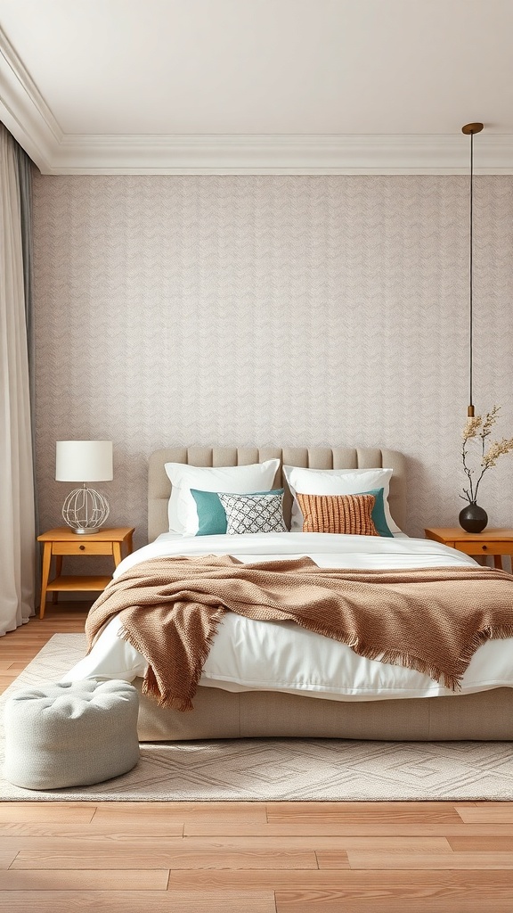 A neutral bedroom featuring subtle patterned wallpaper, a cozy bed with decorative pillows, and warm wooden furniture.