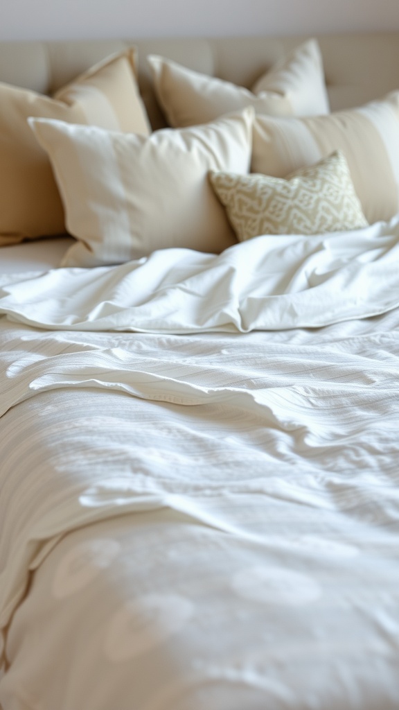 A well-made bed with neutral bedding and various textured pillows