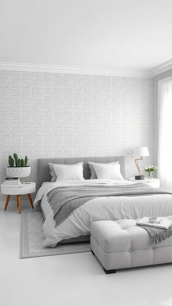 A monochrome bedroom featuring subtle patterned wallpaper with gray tones, a cozy bed, and modern decor.