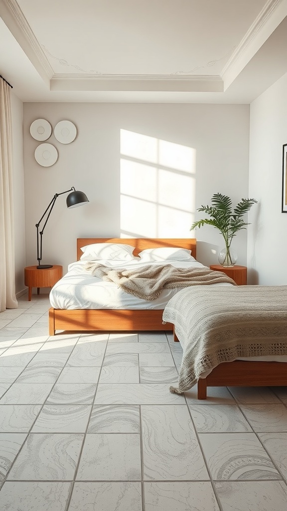 A serene bedroom featuring subtle textured tiles flooring, wooden furniture, and natural light.