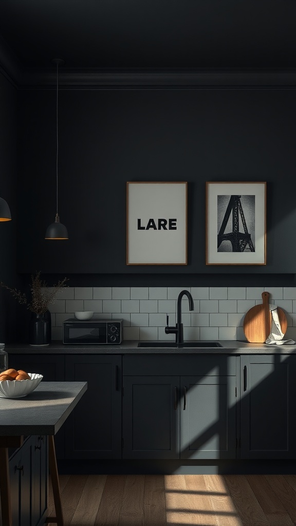 A moody kitchen with dark walls, illuminated by pendant lighting, featuring subtle wall art.