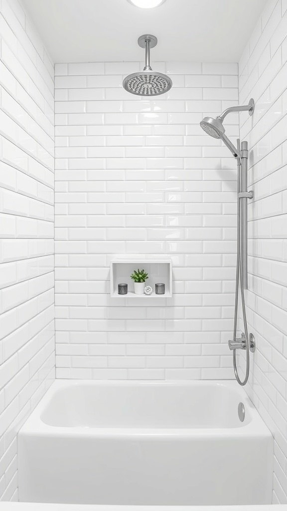 A modern shower featuring white subway tiles, a rain showerhead, and a small shelf for toiletries.