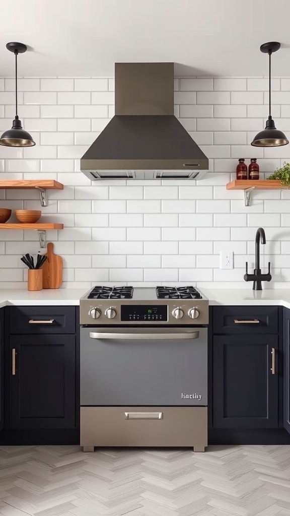 A modern kitchen featuring white subway tiles, dark cabinets, and wooden open shelves.