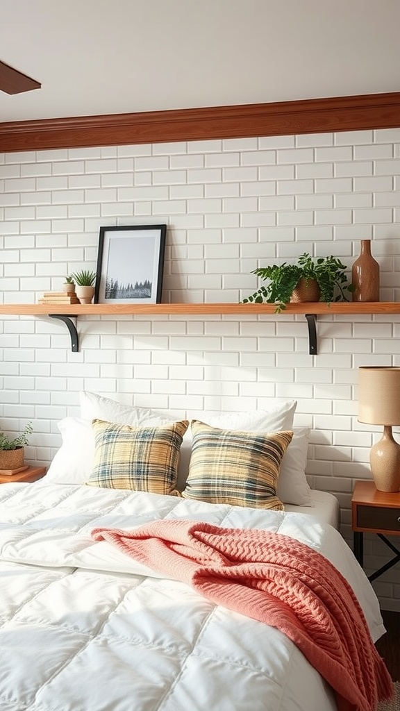 A kitchen featuring white subway tiles in a staggered pattern, wooden shelves with plants and decorative items, and cozy bedding.