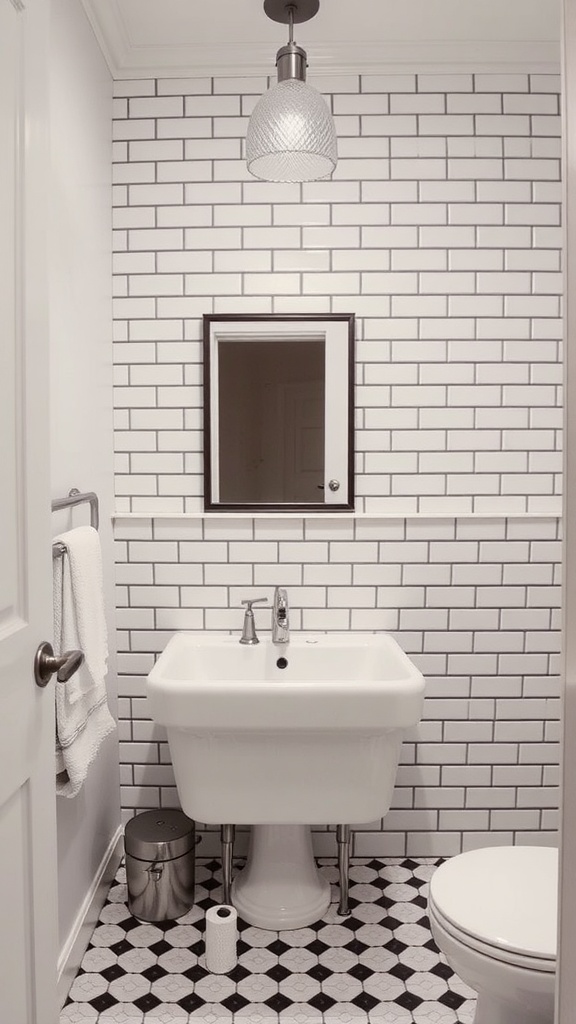 A stylish bathroom with white subway tiles on the wall and patterned black and white tiles on the floor.
