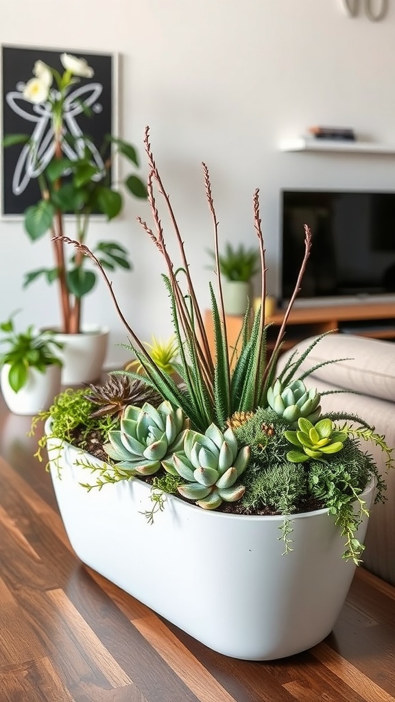 A stylish indoor planter filled with various succulents and herbs.