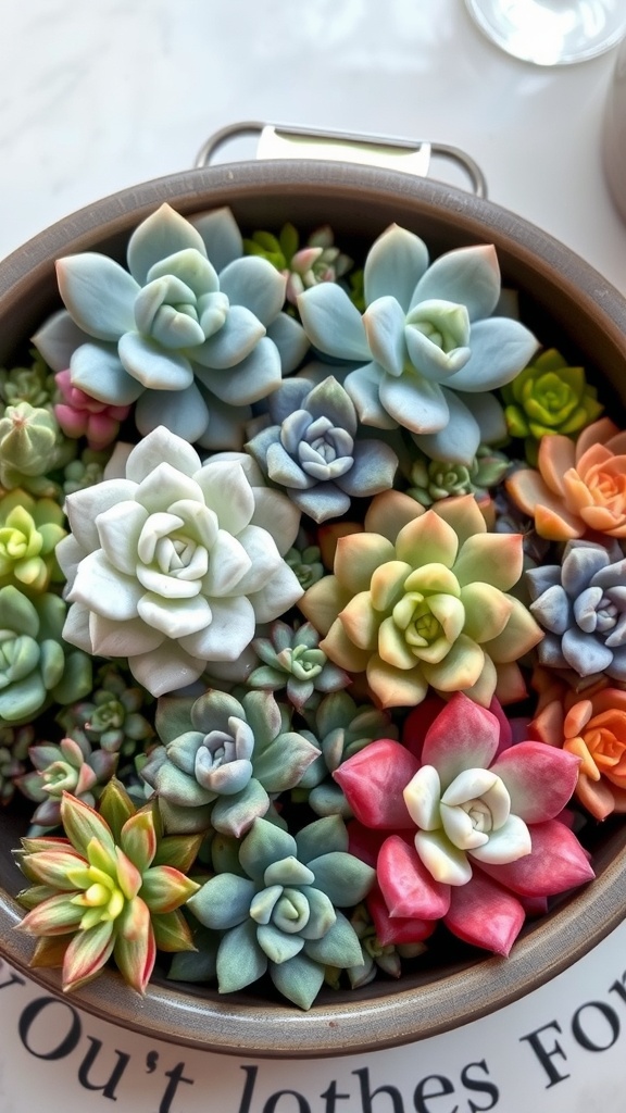 A vibrant arrangement of various succulents in a round pot.