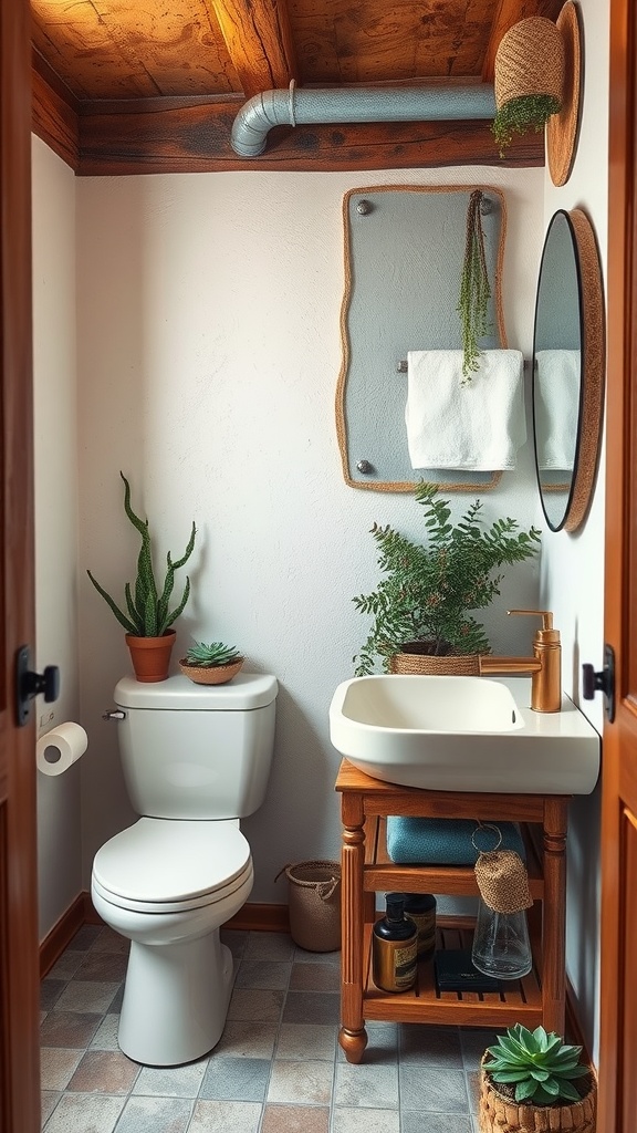 A small rustic bathroom featuring a sink with wooden accents, a toilet, and various succulents placed around the space.