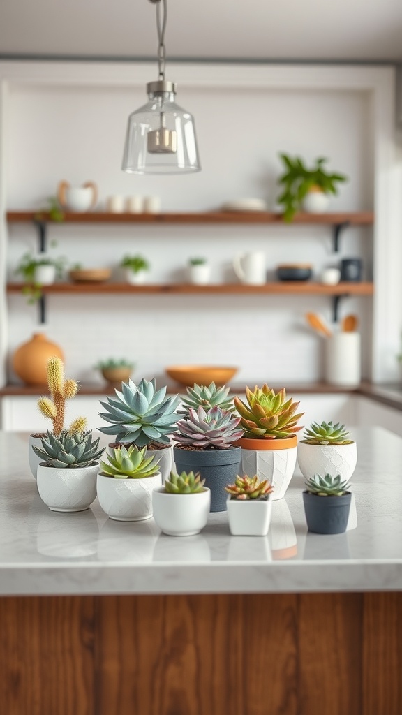An arrangement of various succulents in stylish pots on a kitchen island.