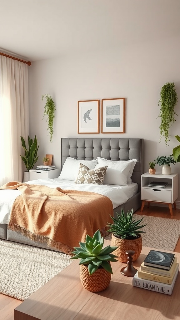 A cozy western bedroom featuring succulent plant arrangements on bedside tables and a coffee table, with a warm orange blanket on the bed.