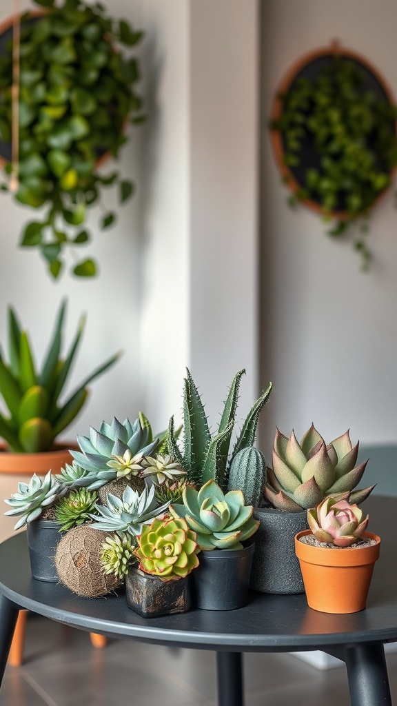 A collection of non-toxic succulents arranged on a table, featuring various shapes and colors.