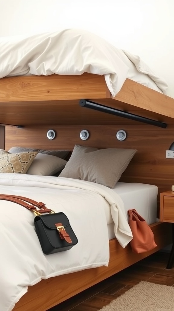 Image of a bed with suction cup hooks for hanging storage, featuring a neatly organized under-bed area.