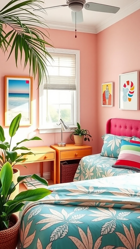 A bright, summer-inspired bedroom with tropical bedding, colorful pillows, and potted plants.
