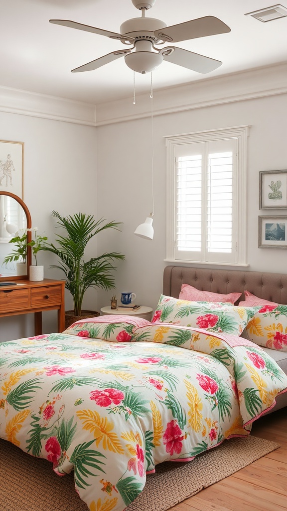 A bright and colorful summer-themed bedroom with floral bedding and potted plants