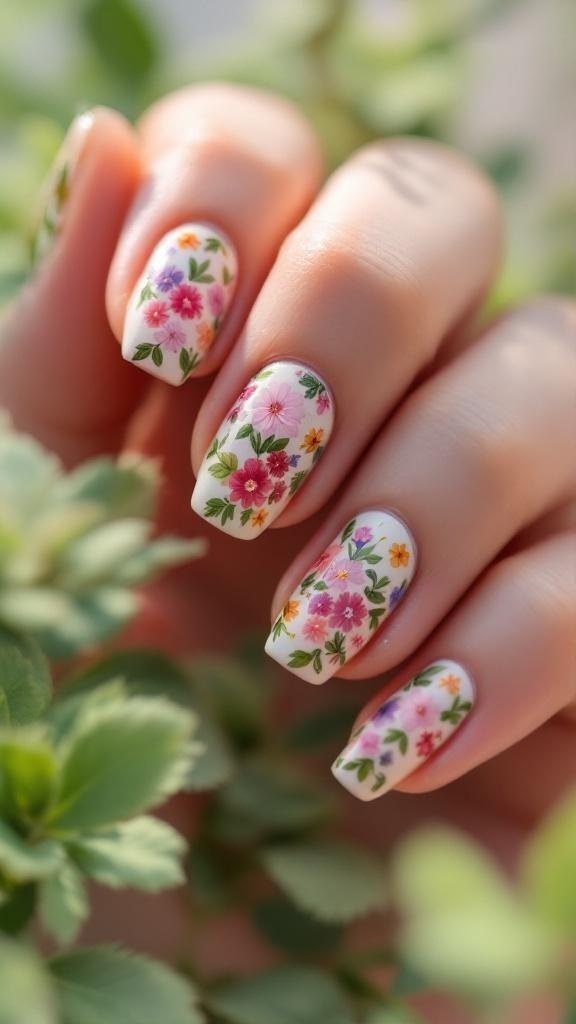 Close-up of a hand with floral patterned nails, wearing silver rings, against a soft background with greenery.