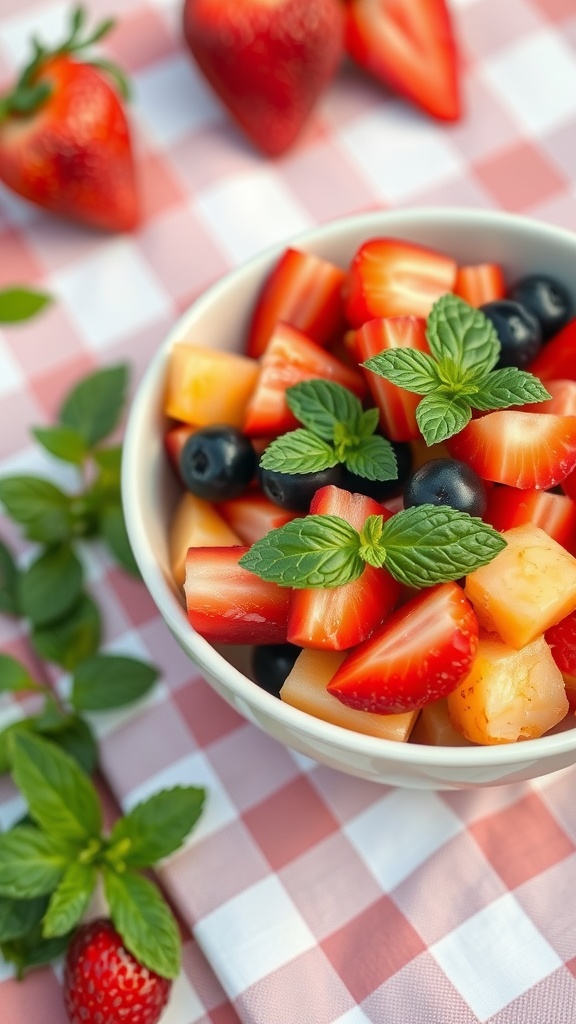 A vibrant bowl of summer fruit salad featuring strawberries, blueberries, and melon, garnished with fresh mint leaves.