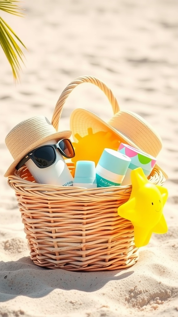 A wicker basket filled with summer supplies including sun hats, sunglasses, sunscreen, and a star-shaped toy, set against a sandy background.