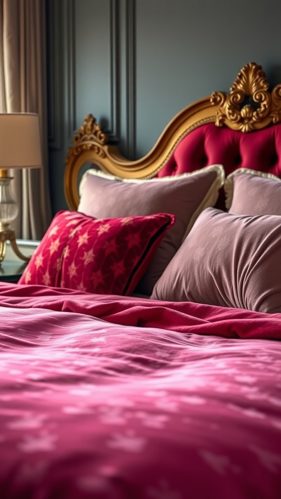 Luxurious bedding with deep pink shades and decorative pillows.