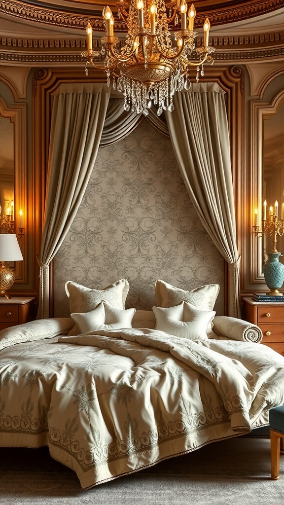 Luxurious round bed with elegant bedding and a chandelier above