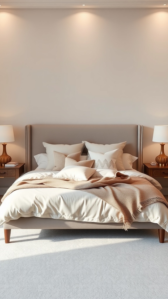 A luxurious bedroom with a well-made bed featuring layers of soft bedding, decorative pillows, and warm lighting.