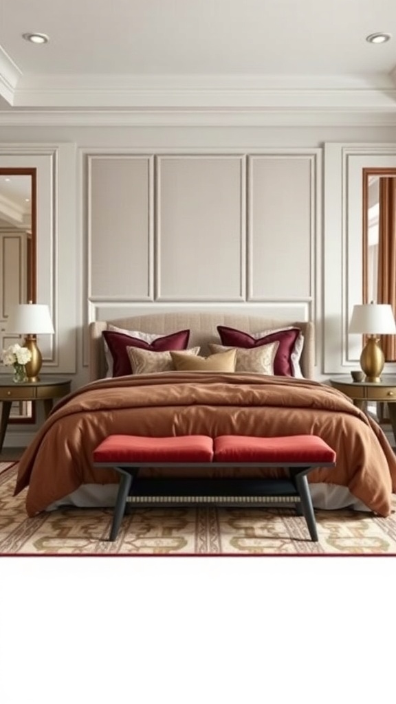 Luxurious bedroom with layered bedding in rich colors and textures.