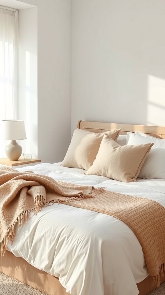 A cozy bedroom with a neatly made bed featuring white bedding, beige pillows, and a textured blanket.