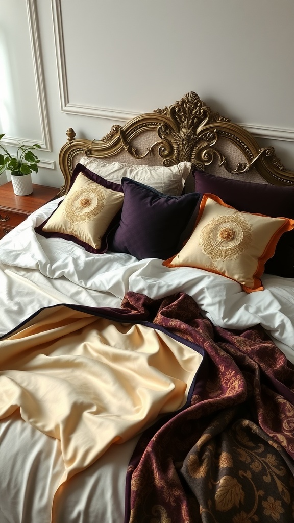 A luxurious bedroom featuring an ornate headboard, plush pillows, and rich fabrics.