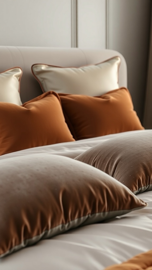 Close-up of plush pillows in warm tones on a luxurious bed