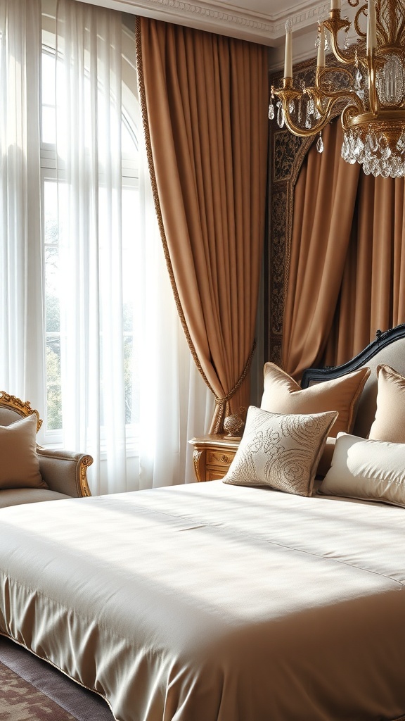 A luxurious bedroom featuring elegant fabrics and textiles, with a soft bed, decorative pillows, and rich curtains.