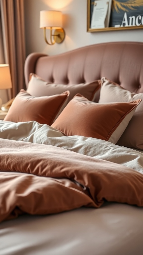 A luxurious bedroom featuring a plush bed with warm-toned pillows and soft bedding, complemented by elegant lighting.