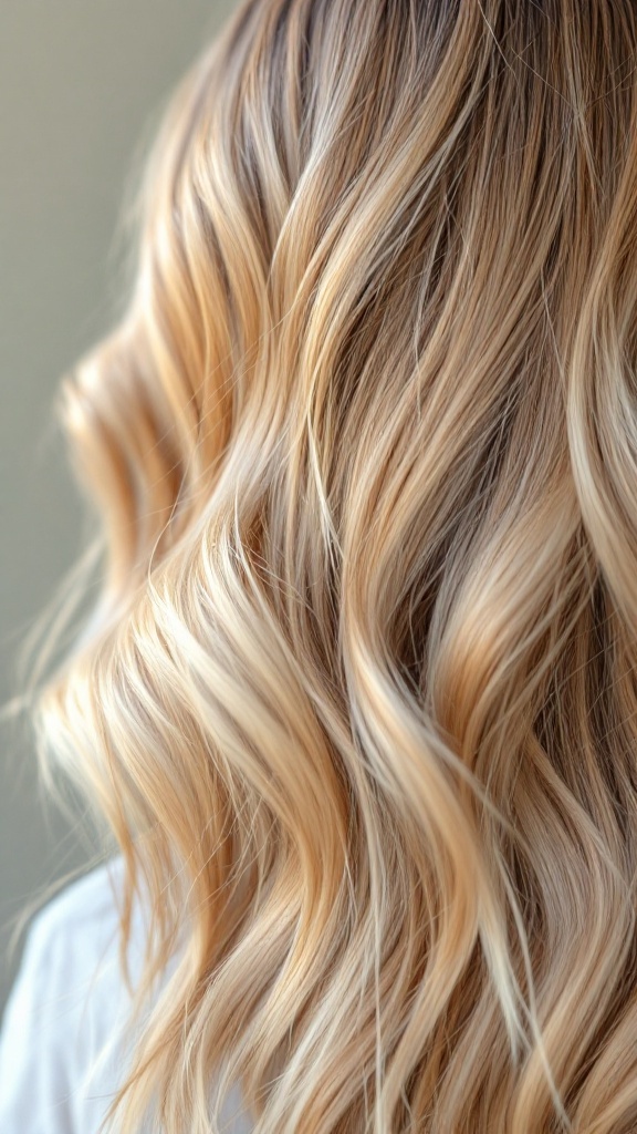 A close-up view of wavy blonde hair with highlights showcasing sun-kissed balayage.