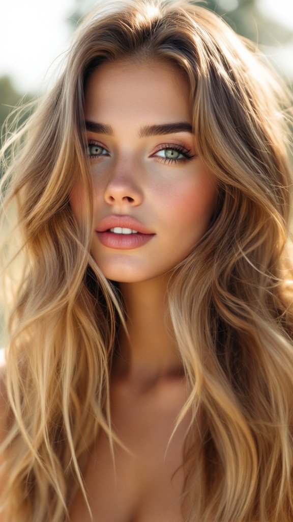 A close-up portrait of a person with light brown hair and blonde highlights, showcasing flowing waves and a natural look.