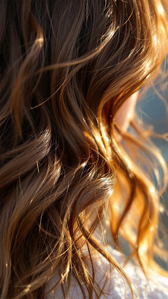 Close-up of medium brown hair with caramel highlights and soft curls.